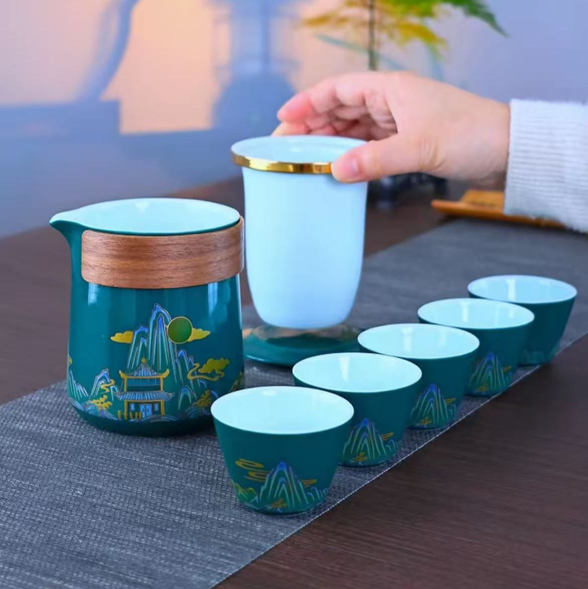 Tea set: 1 pot, 5 cups, portable all-in-one storage, Chinese style ceramic tea set, car mounted, outdoor, easy to soak