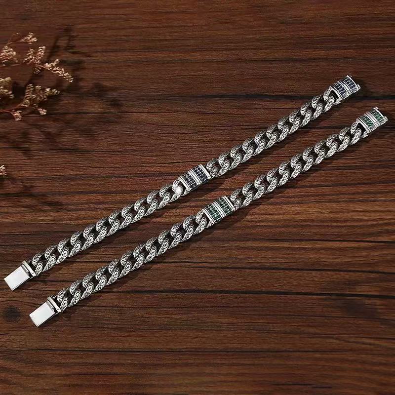 Men's Silver Bracelet S925 Solid Silver Personalized Trendy Men's Retro Ethnic Style Tang Grass Pattern Cuban Chain