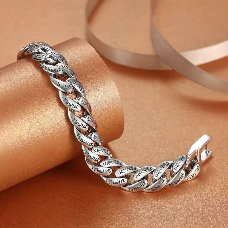 S925 sterling silver six character mantra silver bracelet