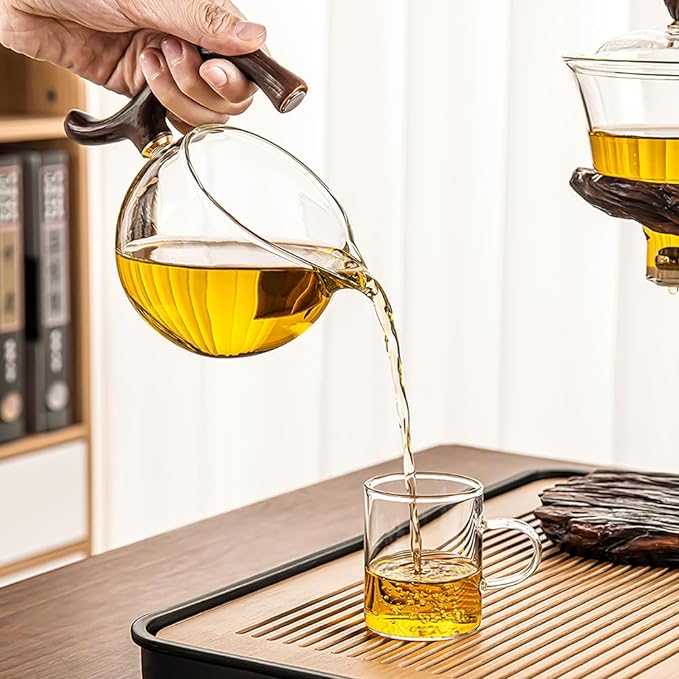 إبريق شاي الكونغ فو الكسول المقاوم للحرارة، إبريق شاي زجاجي نصف أوتوماتيكي مناسب لتدفق الماء المغناطيسي، طقم إبريق شاي زجاجي خشبي