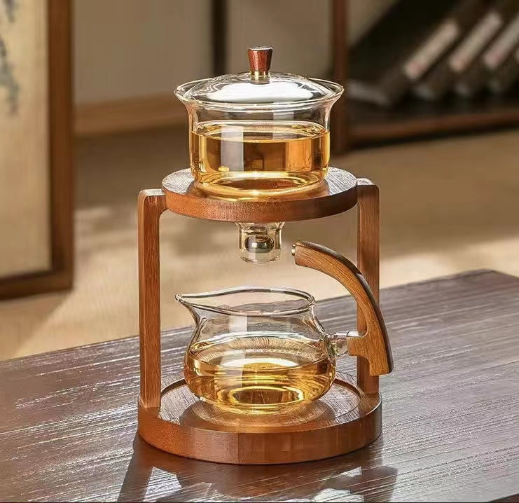 Lazy Kungfu Drip TeaPot, Heat Resistant Tea Set, Semi-Automatic Glass Teapot Suit for Magnetic Water Flow Wooden Glass Teapot Set