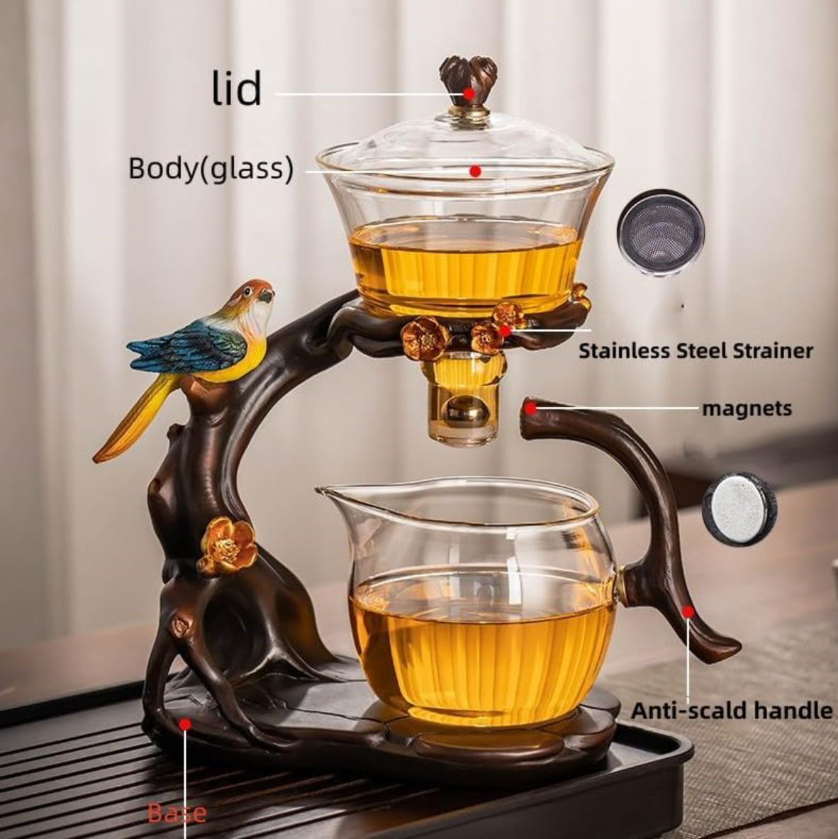 Lazy Kungfu Glass Tea Set Creative Bird Semi Automatic Drip Diversion Rotating Bowl with Infuser Teapot Set