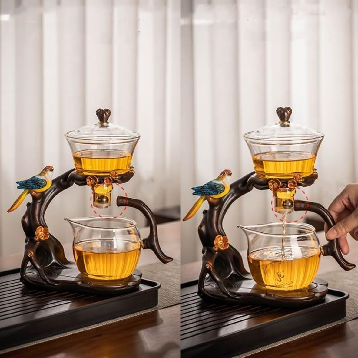 Lazy Kungfu Glass Tea Set Creative Bird Semi Automatic Drip Diversion Rotating Bowl with Infuser Teapot Set