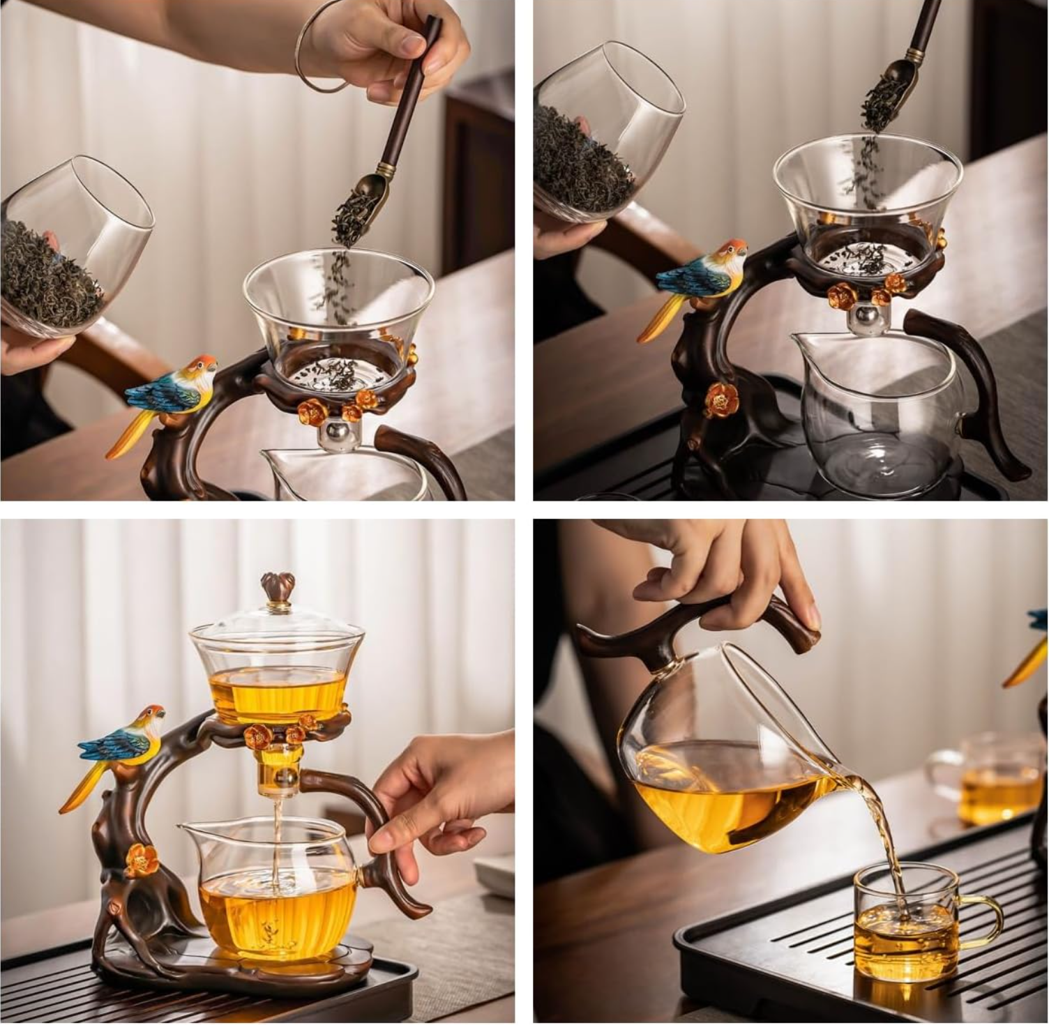 Lazy Kungfu Glass Tea Set Creative Bird Semi Automatic Drip Diversion Rotating Bowl with Infuser Teapot Set