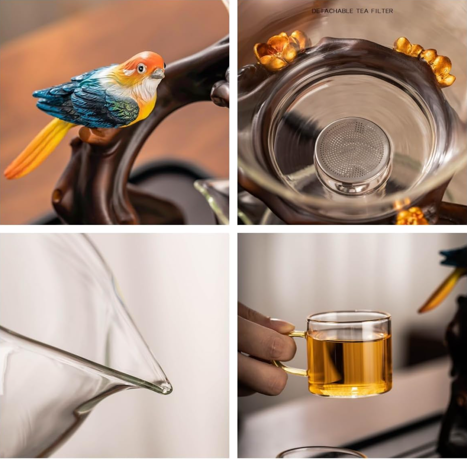 Lazy Kungfu Glass Tea Set Creative Bird Semi Automatic Drip Diversion Rotating Bowl with Infuser Teapot Set