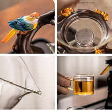 Load image into Gallery viewer, Lazy Kungfu Glass Tea Set Creative Bird Semi Automatic Drip Diversion Rotating Bowl with Infuser Teapot Set