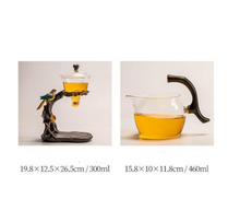 Load image into Gallery viewer, Lazy Kungfu Glass Tea Set Creative Bird Semi Automatic Drip Diversion Rotating Bowl with Infuser Teapot Set
