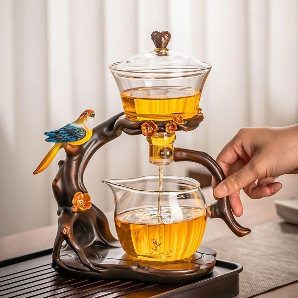 Lazy Kungfu Glass Tea Set Creative Bird Semi Automatic Drip Diversion Rotating Bowl with Infuser Teapot Set