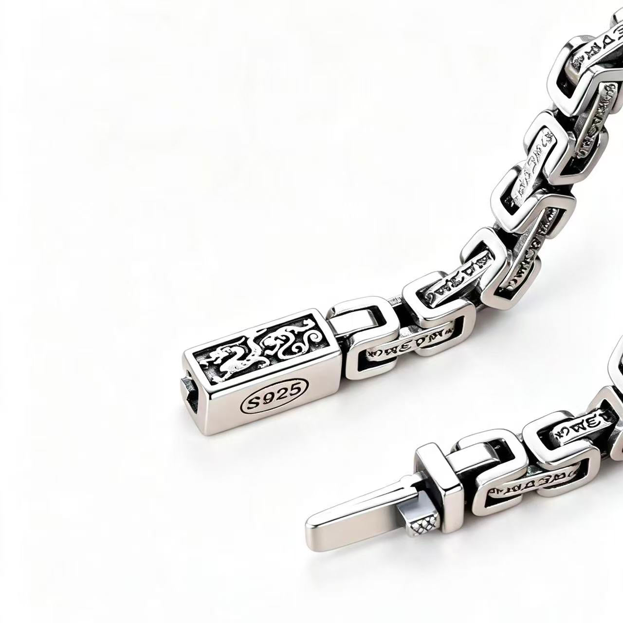925 sterling silver Yuwen dragon pattern six character mantra bracelet for men and couples, 25g
