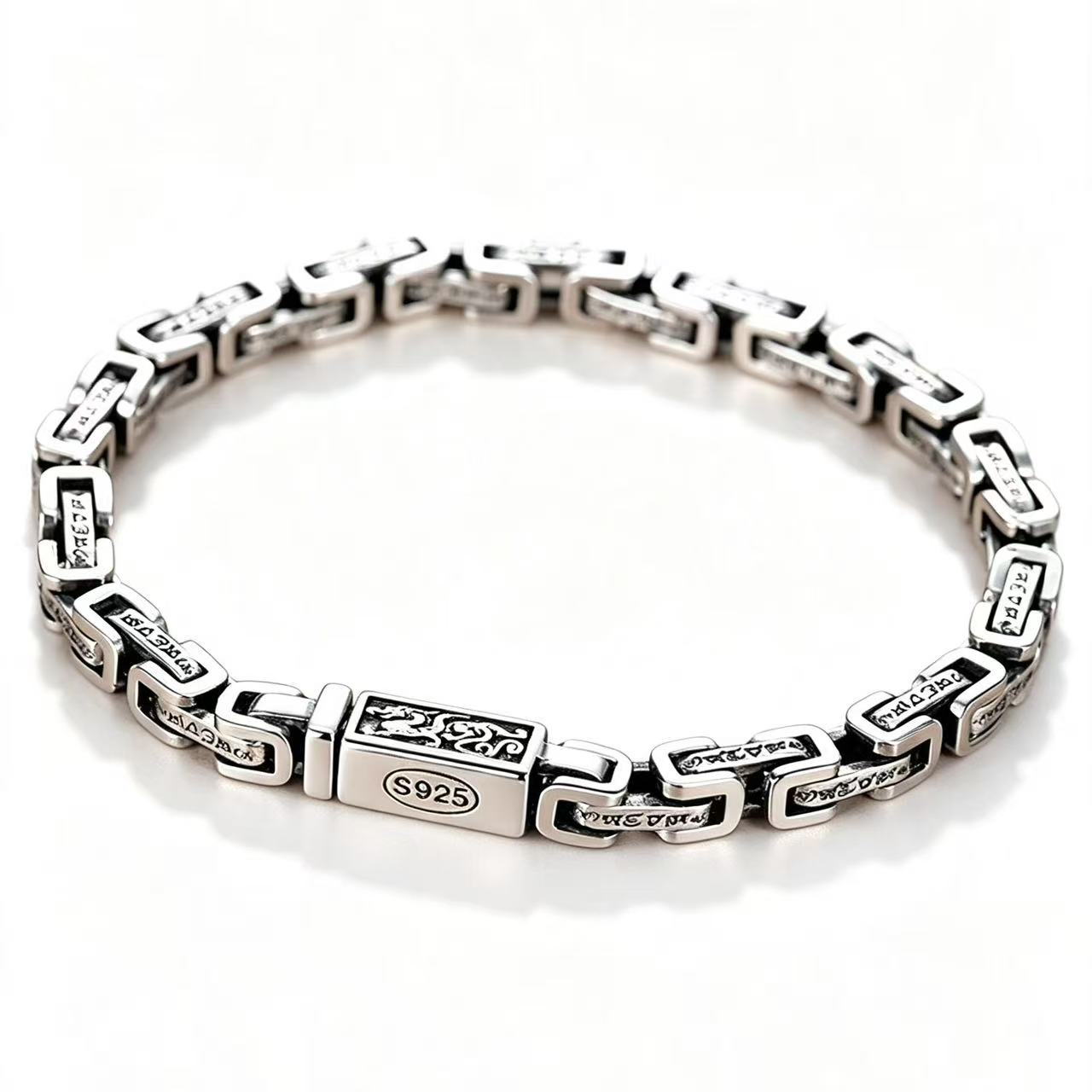 925 sterling silver Yuwen dragon pattern six character mantra bracelet for men and couples, 25g