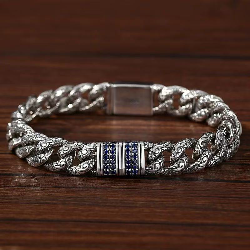 Men's Silver Bracelet S925 Solid Silver Personalized Trendy Men's Retro Ethnic Style Tang Grass Pattern Cuban Chain