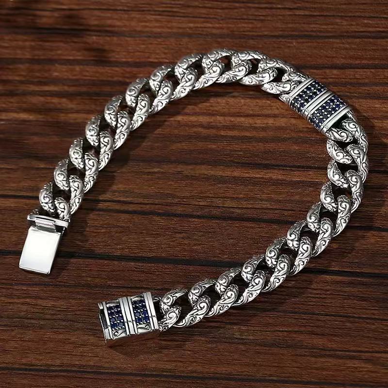 Men's Silver Bracelet S925 Solid Silver Personalized Trendy Men's Retro Ethnic Style Tang Grass Pattern Cuban Chain