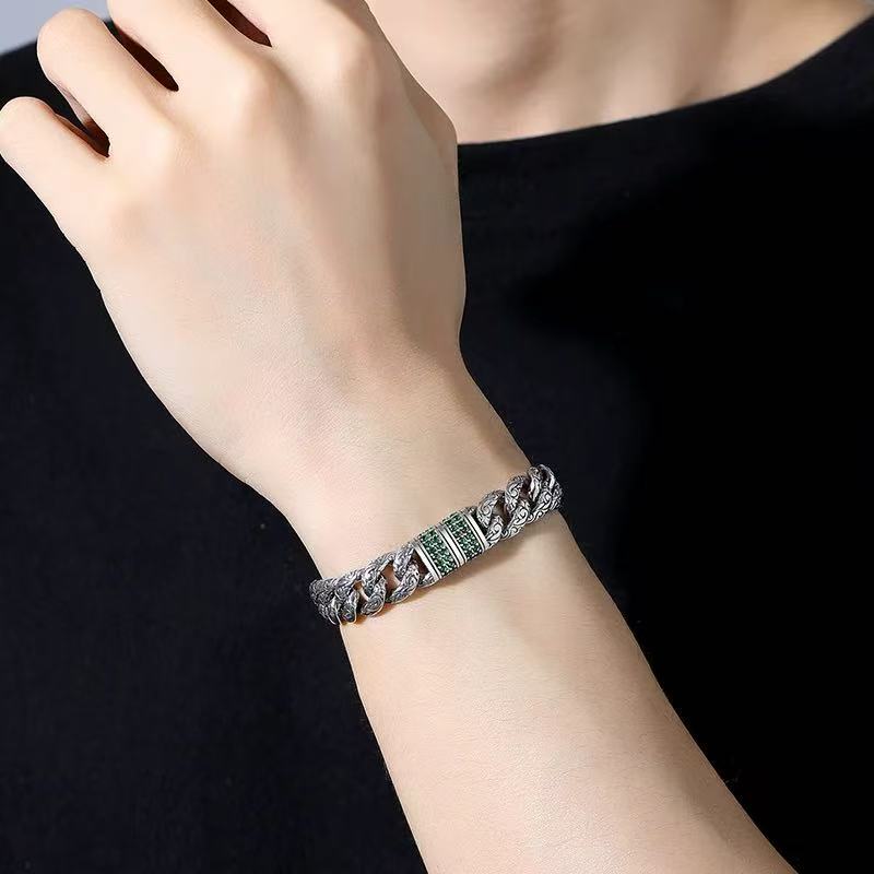 Men's Silver Bracelet S925 Solid Silver Personalized Trendy Men's Retro Ethnic Style Tang Grass Pattern Cuban Chain