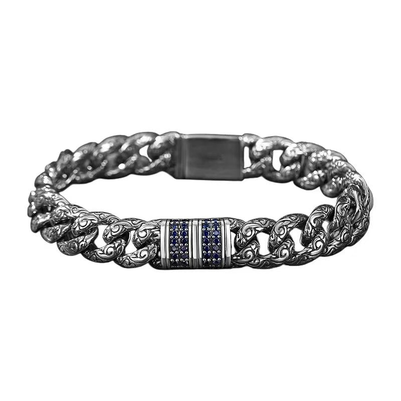 Men's Silver Bracelet S925 Solid Silver Personalized Trendy Men's Retro Ethnic Style Tang Grass Pattern Cuban Chain