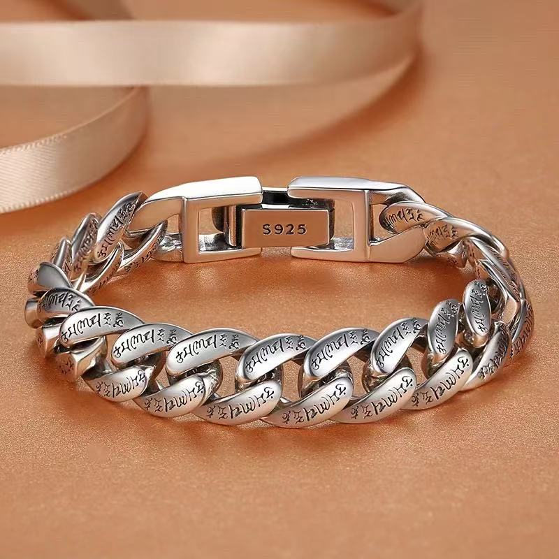 S925 sterling silver six character mantra silver bracelet