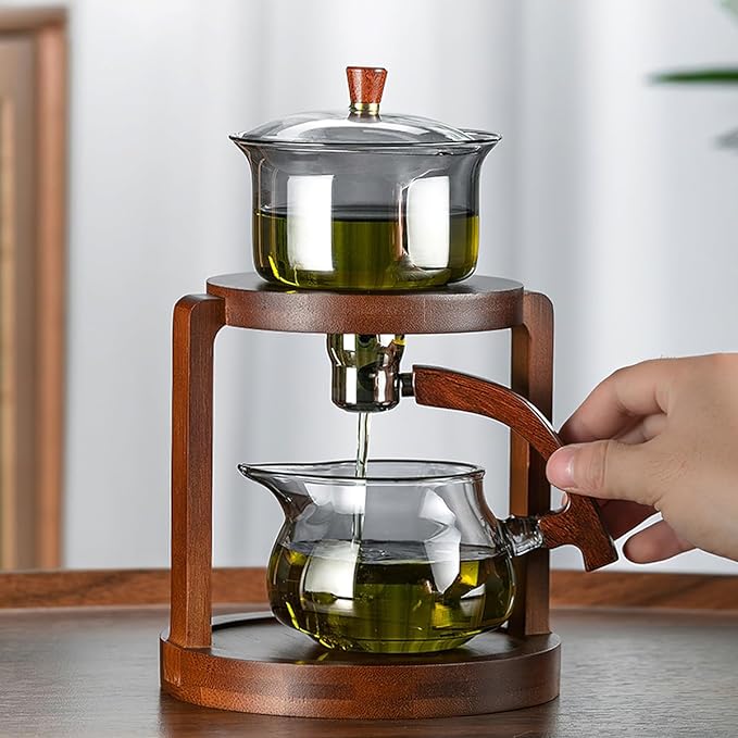 Lazy Kungfu Drip TeaPot, Heat Resistant Tea Set, Semi-Automatic Glass Teapot Suit for Magnetic Water Flow Wooden Glass Teapot Set