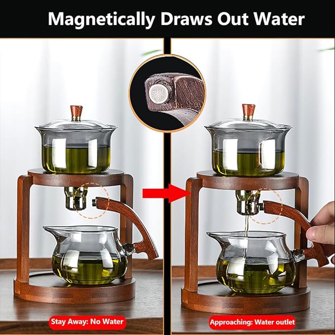 Lazy Kungfu Drip TeaPot, Heat Resistant Tea Set, Semi-Automatic Glass Teapot Suit for Magnetic Water Flow Wooden Glass Teapot Set